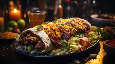 Delicious kebab full of meat and vegetables, black and blur backgroundの素材