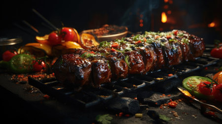 Delicious kebab full of meat and vegetables, black and blur backgroundの素材