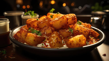 Crispy tater tots with savory salty spices with black and blur backgroundの素材