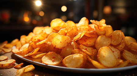 Potato Chips with a sprinkling of savory salty spices on a wooden table with a blurred backgroundの素材