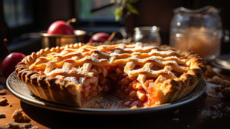 sweet apple pie with white sugar sprinkles on a wooden tray and blurred backgroundの素材