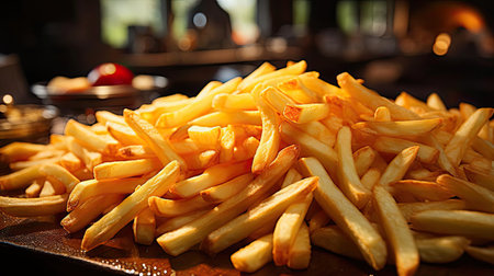 Delicious French fries, crunchy, salty, tasty, with blur backgroundの素材