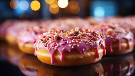 Closeup sweet donuts filled with melted chocolate and sprinkles with a blurred backgroundの素材