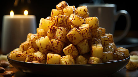 Crispy tater tots with savory salty spices with black and blur backgroundの素材