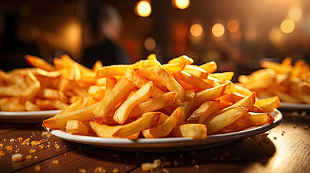 Delicious French fries, crunchy, salty, tasty, with blur backgroundの素材