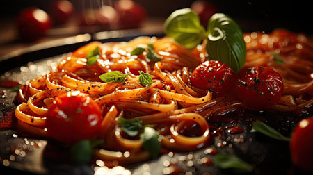 close up delicious spaghetti full of spices, black and blur backgroundの素材