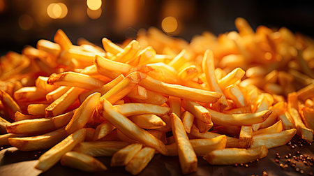Delicious French fries, crunchy, salty, tasty, with blur backgroundの素材