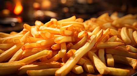 Delicious French fries, crunchy, salty, tasty, with blur backgroundの素材