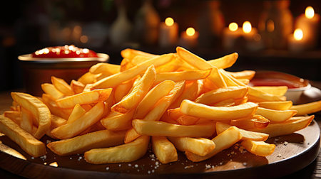 Delicious French fries, crunchy, salty, tasty, with blur backgroundの素材
