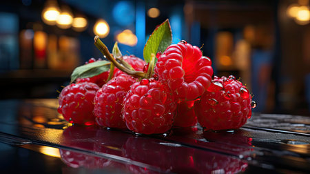Delicious fresh raspberries on blur backgroundの素材