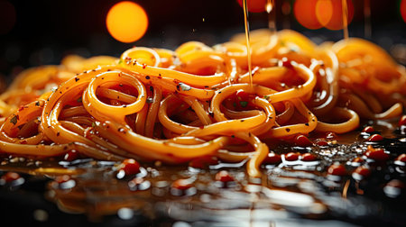 close up delicious spaghetti full of spices, black and blur backgroundの素材