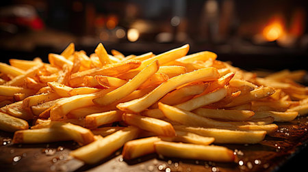 Delicious French fries, crunchy, salty, tasty, with blur backgroundの素材