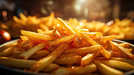 Delicious French fries, crunchy, salty, tasty, with blur backgroundの素材