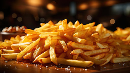 Delicious French fries, crunchy, salty, tasty, with blur backgroundの素材