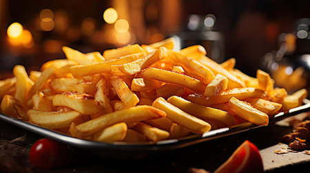 Delicious French fries, crunchy, salty, tasty, with blur backgroundの素材