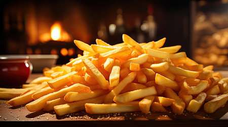 Delicious French fries, crunchy, salty, tasty, with blur backgroundの素材