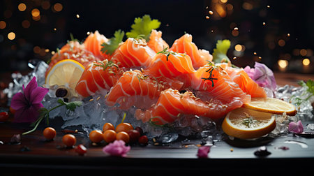 Delicious fresh sashimi on ice with black and blur backgroundの素材