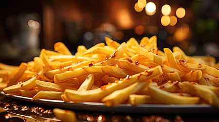 Delicious French fries, crunchy, salty, tasty, with blur backgroundの素材