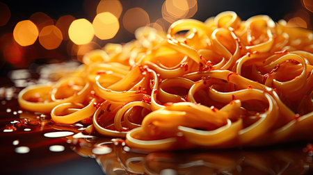 close up delicious spaghetti full of spices, black and blur backgroundの素材