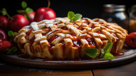 sweet apple pie with white sugar sprinkles on a wooden tray and blurred backgroundの素材