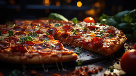full pizza with vegetables and meat on wooden table with blur backgroundの素材