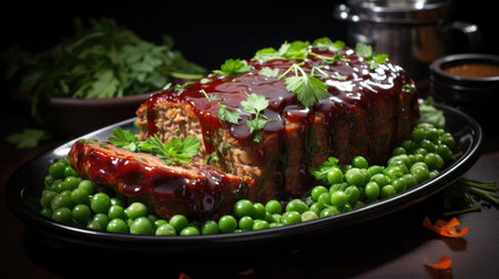 delicious meatloaf with vegetable topping, black and blurred backgroundの素材