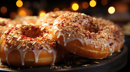 Closeup sweet donuts filled with melted chocolate and sprinkles with a blurred backgroundの素材