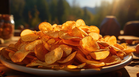 Potato Chips with a sprinkling of savory salty spices on a wooden table with a blurred backgroundの素材
