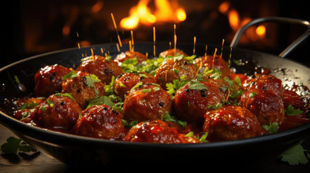 meatballs with melted tomato sauce on a bowl with a black and blur backgroundの素材