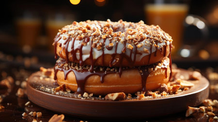 Closeup sweet donuts filled with melted chocolate and sprinkles with a blurred backgroundの素材