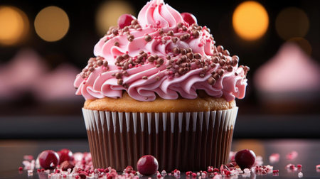 Delicious sweet cupcake with chocolate and cream topping, blur backgroundの素材