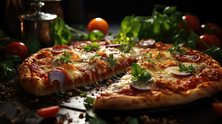 full pizza with vegetables and meat on wooden table with blur backgroundの素材