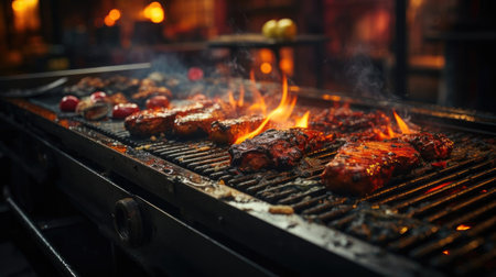 Realistic grilled barbeque with melted barbeque sauce and cut vegetables, black and blur backgroundの素材
