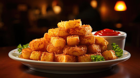 Crispy tater tots with savory salty spices with black and blur backgroundの素材