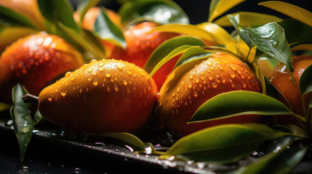 delicious fresh mangoes fruits with black and blur backgroundの素材