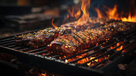 Realistic grilled barbeque with melted barbeque sauce and cut vegetables, black and blur backgroundの素材