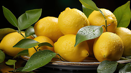 delicious fresh yellow lemons fruits on wood table with black and blur backgroundの素材