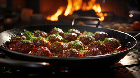 meatballs with melted tomato sauce on a bowl with a black and blur backgroundの素材