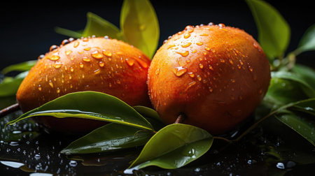 delicious fresh mangoes fruits with black and blur backgroundの素材