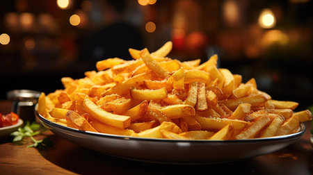 Delicious French fries, crunchy, salty, tasty, with blur backgroundの素材