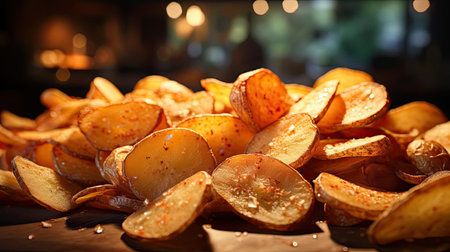 Potato Chips with a sprinkling of savory salty spices on a wooden table with a blurred backgroundの素材