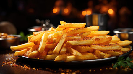 Delicious French fries, crunchy, salty, tasty, with blur backgroundの素材