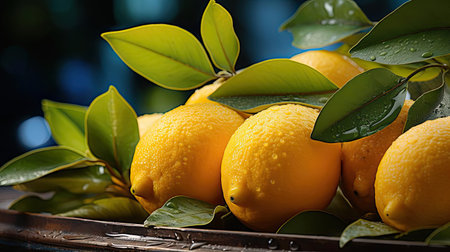 delicious fresh yellow lemons fruits on wood table with black and blur backgroundの素材