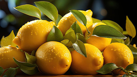 delicious fresh yellow lemons fruits on wood table with black and blur backgroundの素材