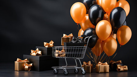 front view of black friday sale background with balloon ornaments, gift boxes and shopping cartsの素材