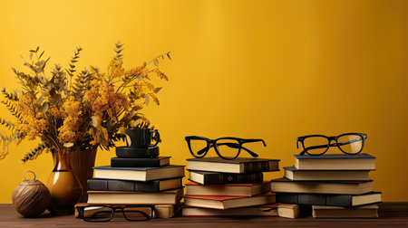 happy graduation background with pile of books and glasses on yellow backgroundの素材