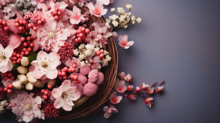 beautiful easter day background concept with pink eggs and flowersの素材