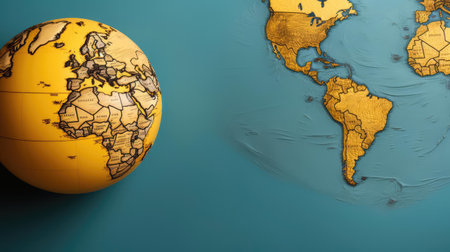 top view of world health day concept background with planet earth ornament and yellow backgroundの素材
