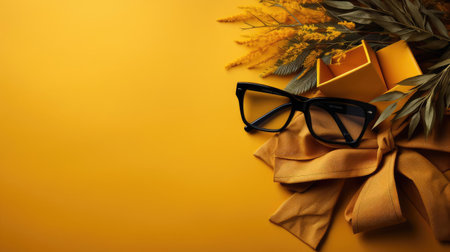 happy graduation background with pile of books and glasses on yellow backgroundの素材