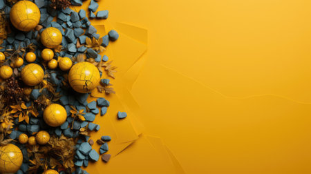 top view of world health day concept background with planet earth ornament and yellow backgroundの素材